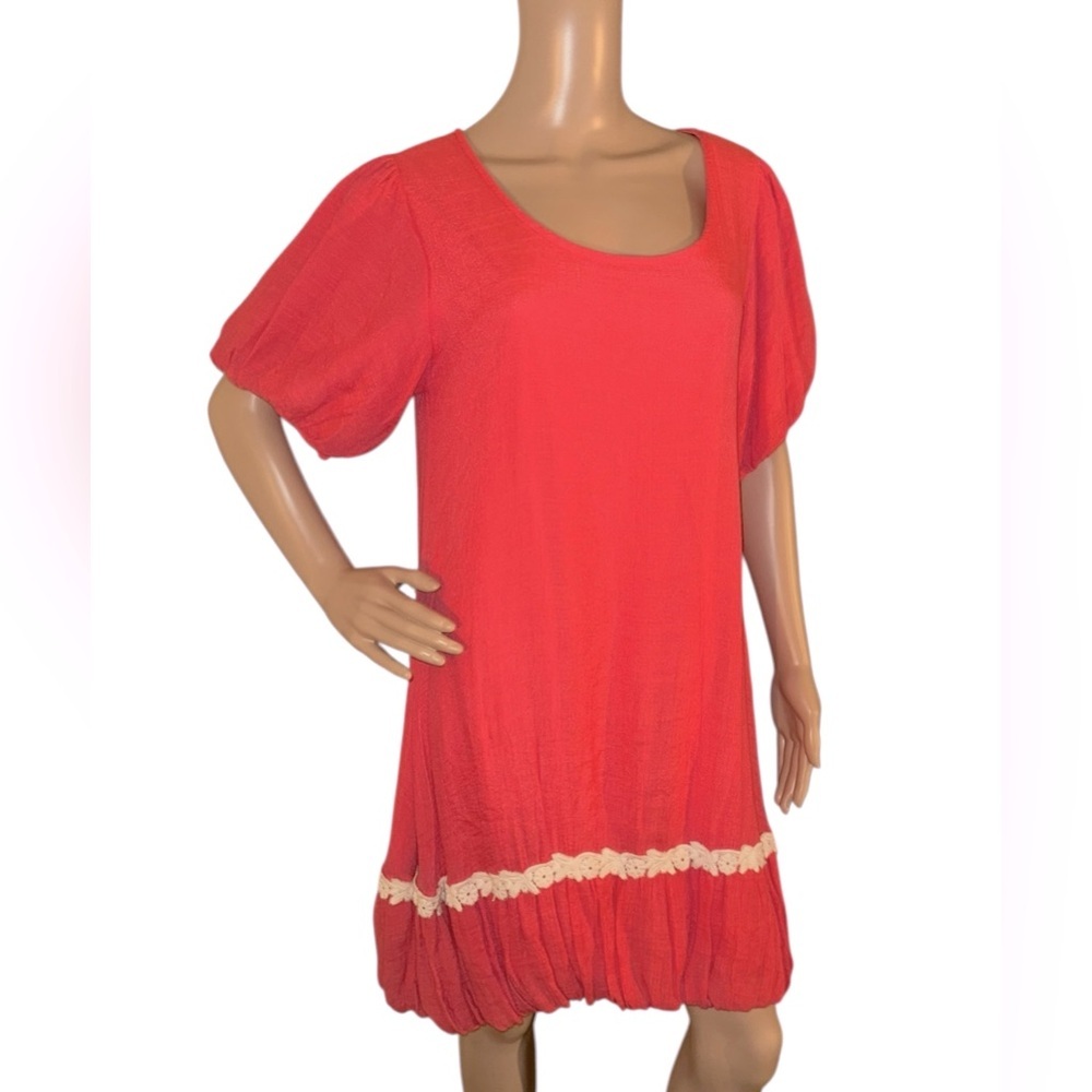 ❤️Avanti Coral Puff Sleeve Babydoll Dress M Lace Trim USA